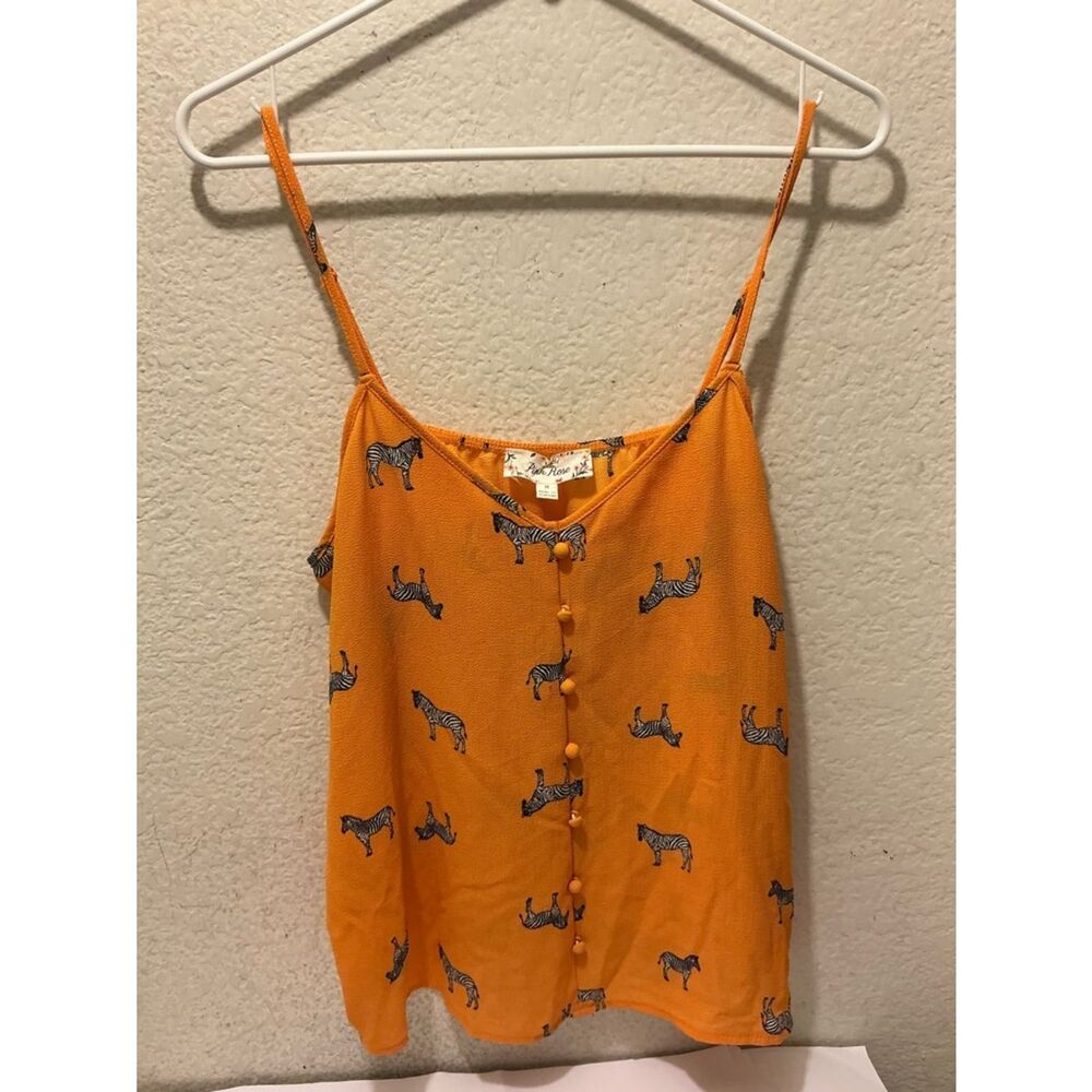 Pink Rose Marigold All Over Zebra Pattern Button Front Tank Top Size M